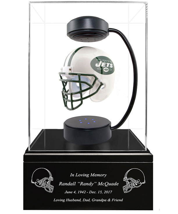 Football Cremation Urn & New York Jets Hover Helmet Décor - Free Engraving
