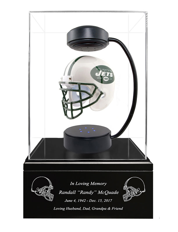 Football Cremation Urn & New York Jets Hover Helmet Décor - Free Engraving
