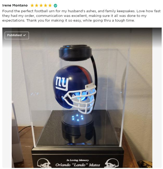 Football Adult or Medium Cremation Urn & New York Giants Hover Helmet Décor - Free Engraving