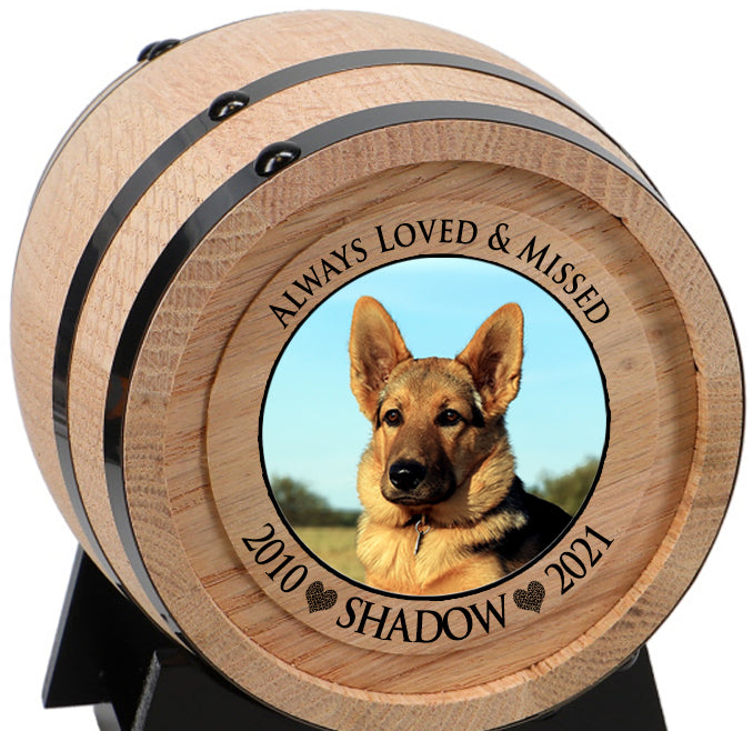 Pet Oak Barrel Urn - Small or Large Dog or Cat Urns