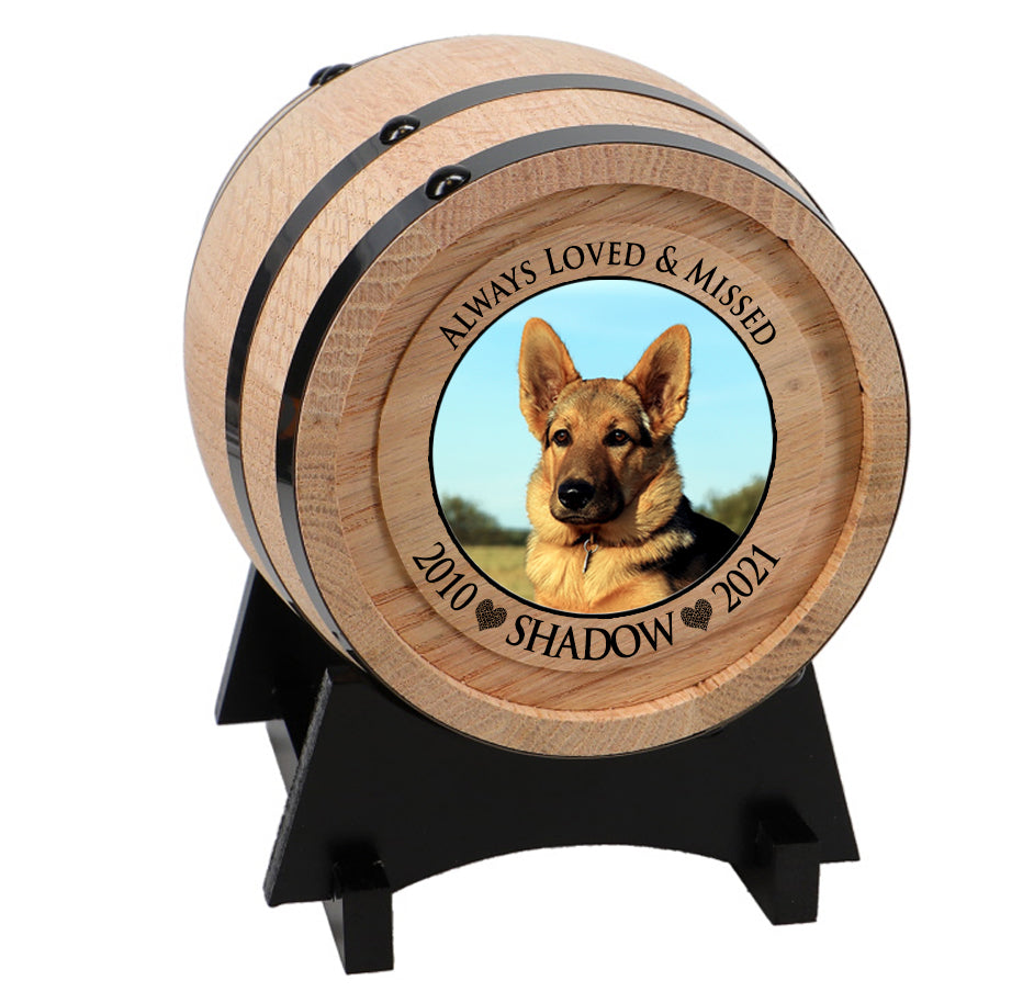 Pet Oak Barrel Urn - Small or Large Dog or Cat Urns