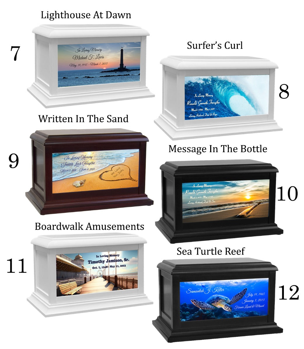 Ocean, Beach, Seashells & Turtles Adult or Medium Wood Keep The Memory® Cremation Urn 