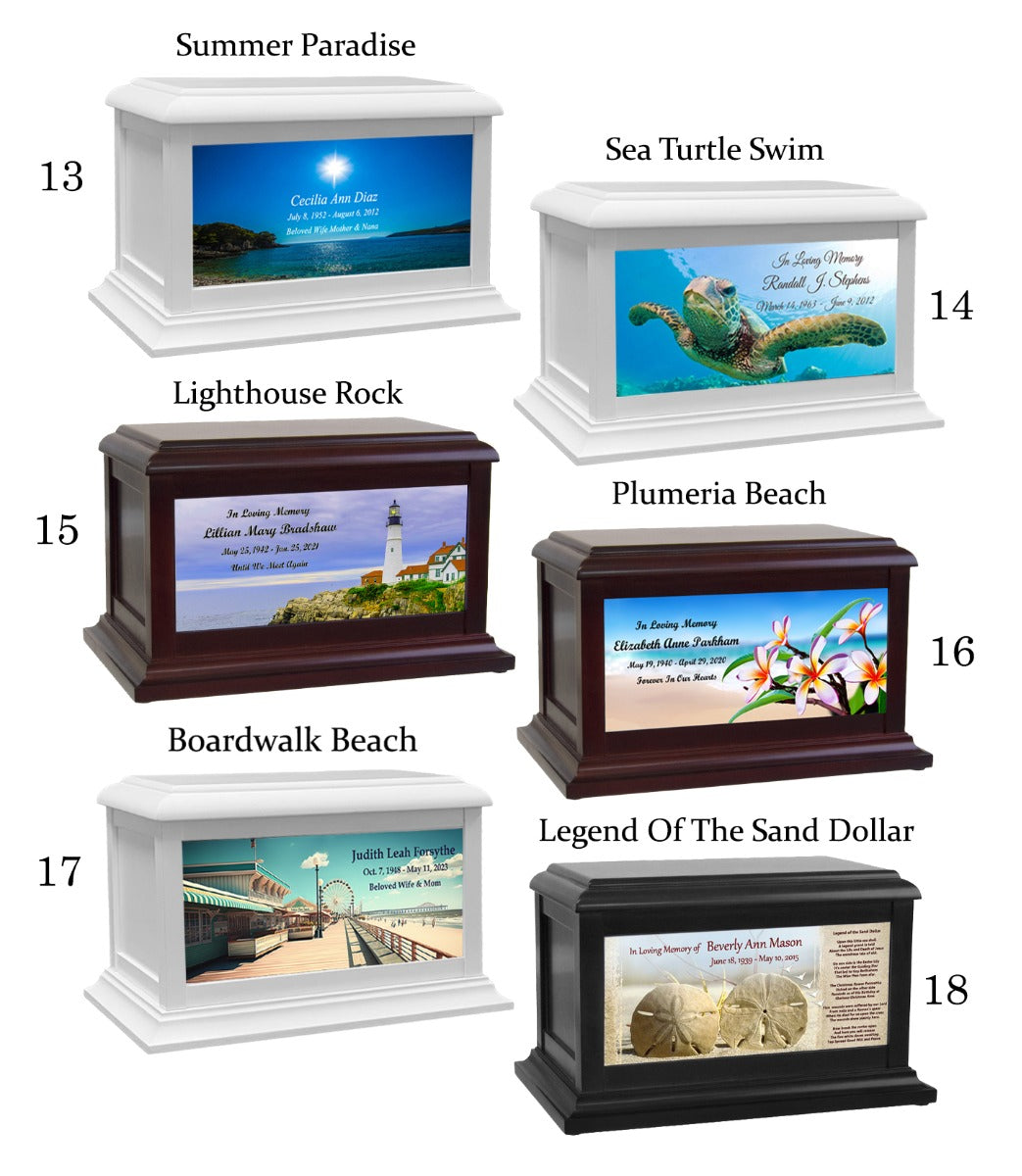 Ocean, Beach, Seashells & Turtles Adult or Medium Wood Keep The Memory® Cremation Urn 