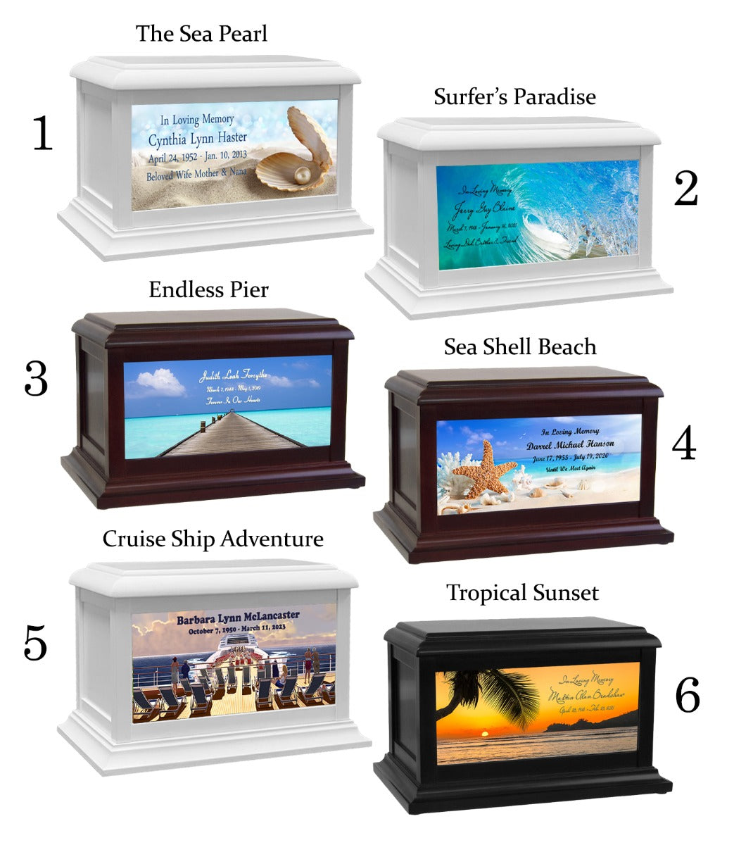 Ocean, Beach, Seashells & Turtles Adult or Medium Wood Keep The Memory® Cremation Urn 