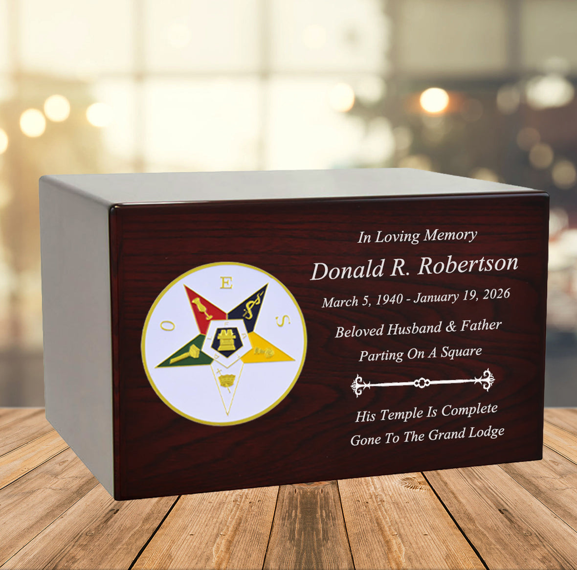 Masonic & OES Emblem Wood Cremation Urns - Free Laser Engraving