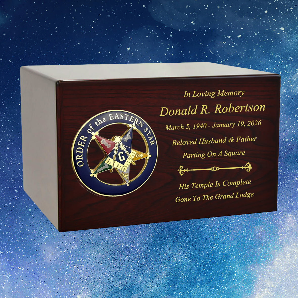 Masonic & OES Emblem Wood Cremation Urns - Free Laser Engraving