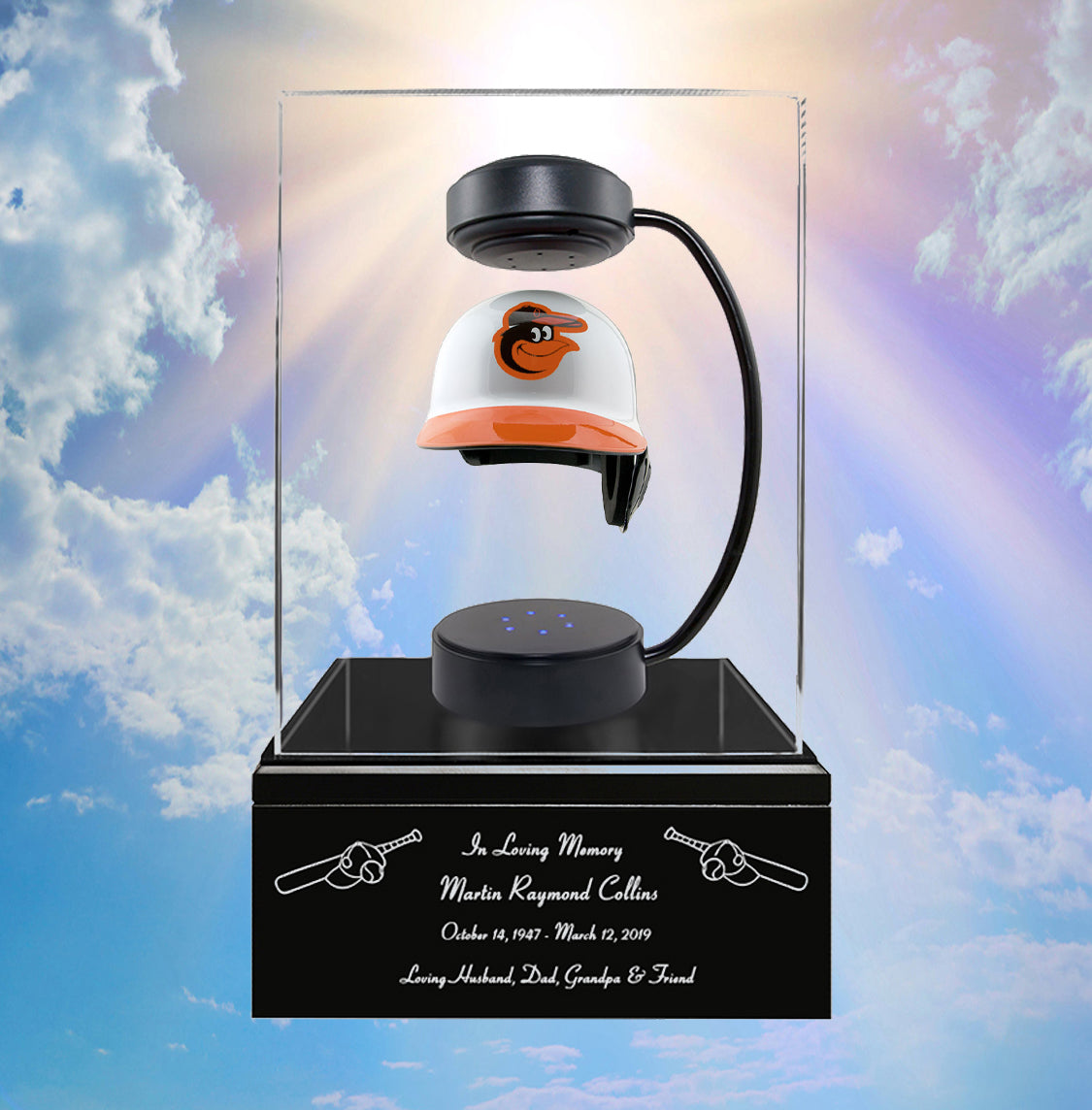Baseball Cremation Urn & Baltimore Orioles Hover Helmet Décor