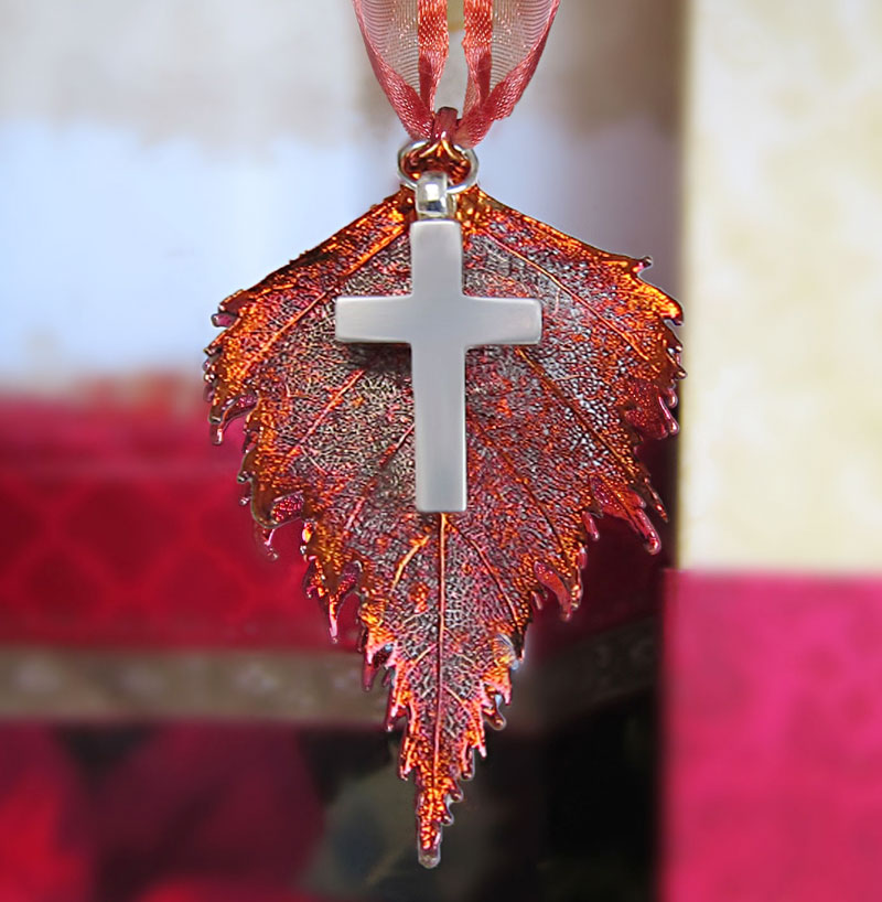 Real Birch Leaf & Cross Ornament