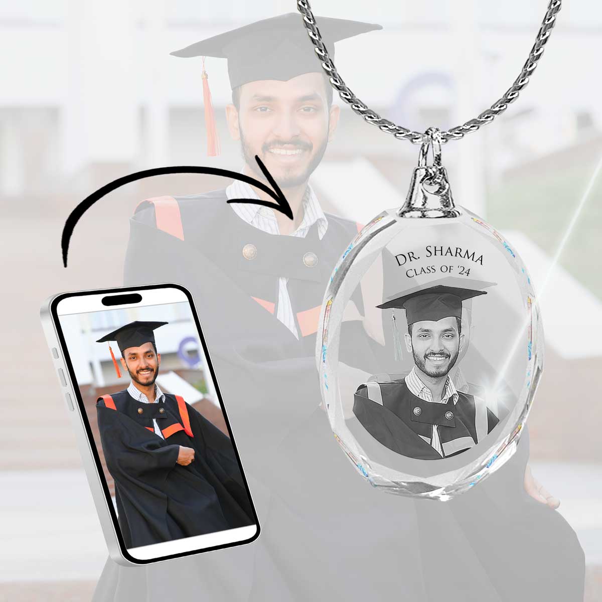 2D Crystal Photo Round Necklace Pendant - Engraving Option - Free Chain