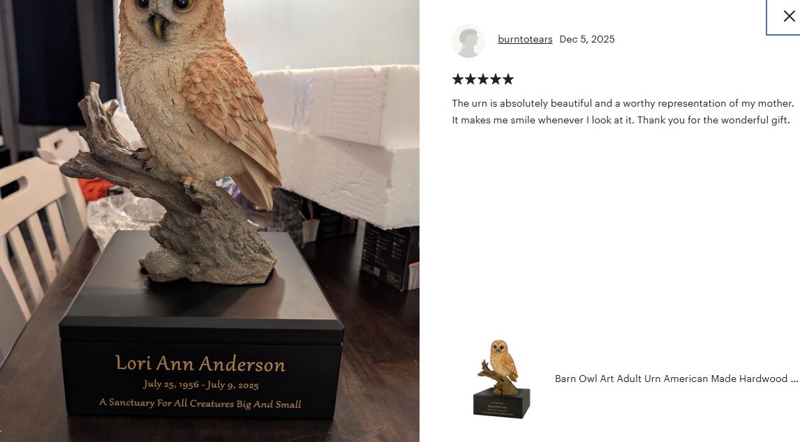 Barn Owl Art & Wood Cremation Urn Adult or Medium