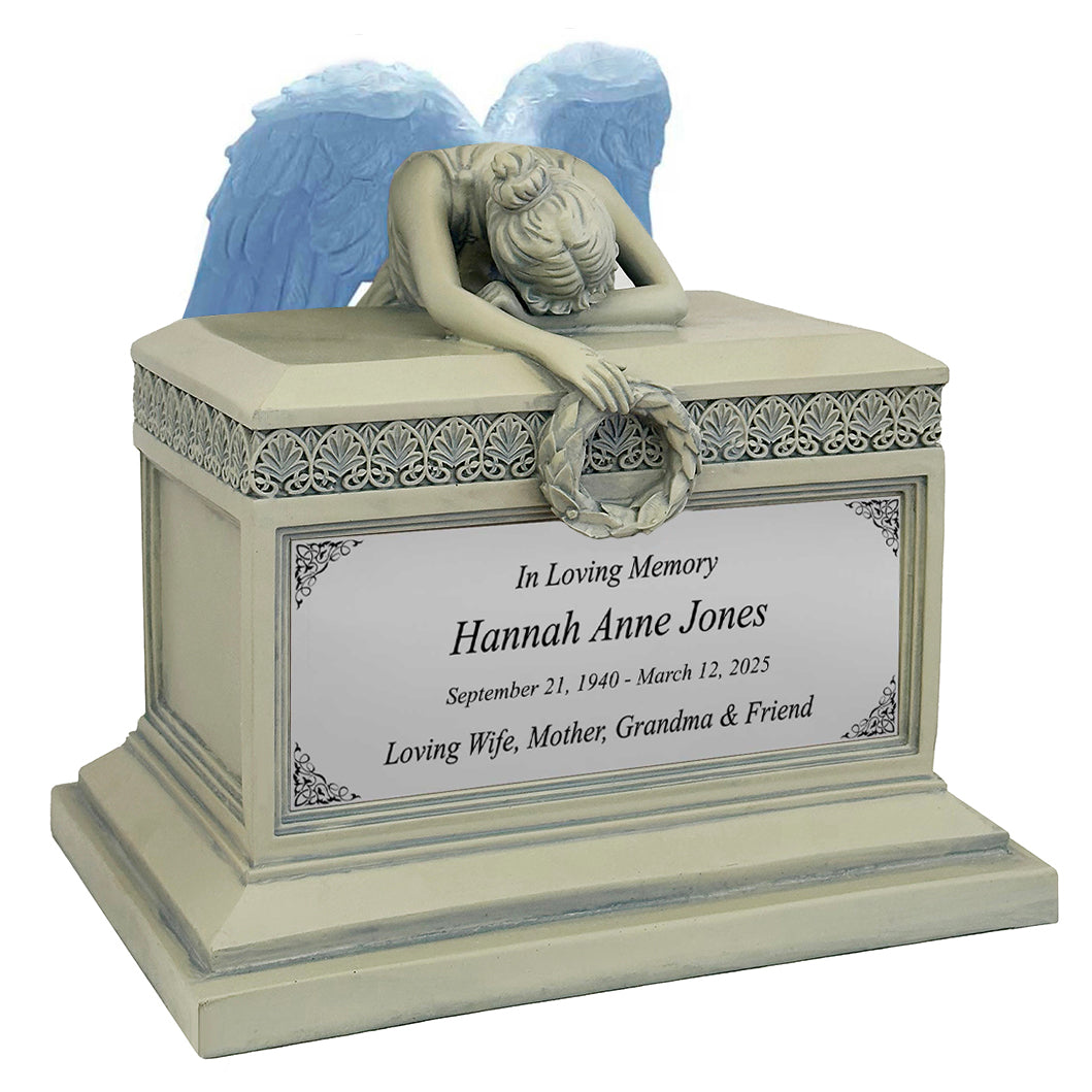 Weeping Angel Patina Adult Cremation Urn - Custom Plate and Wings - Beautiful Mourning Angel