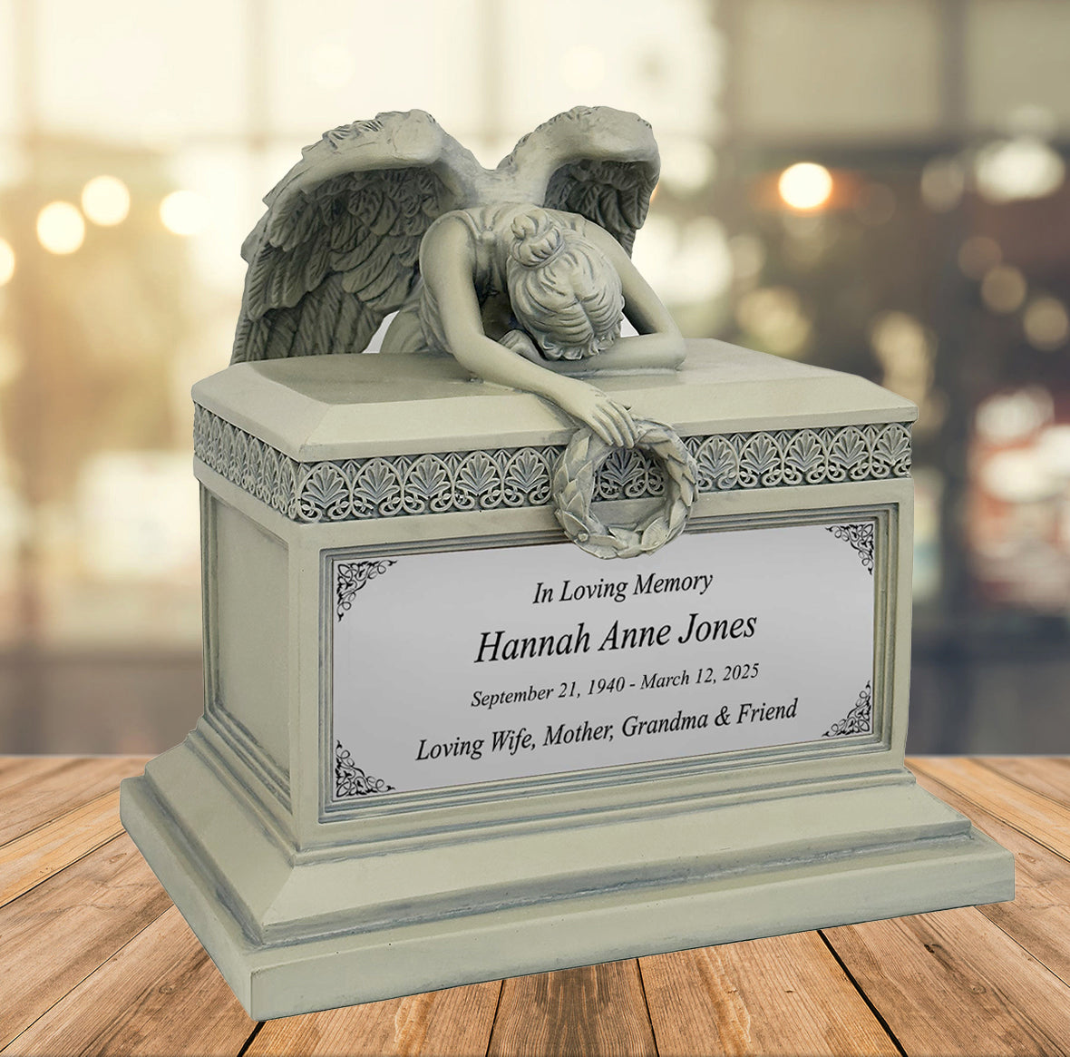 Weeping Angel Patina Adult Cremation Urn - Custom Plate and Wings - Beautiful Mourning Angel