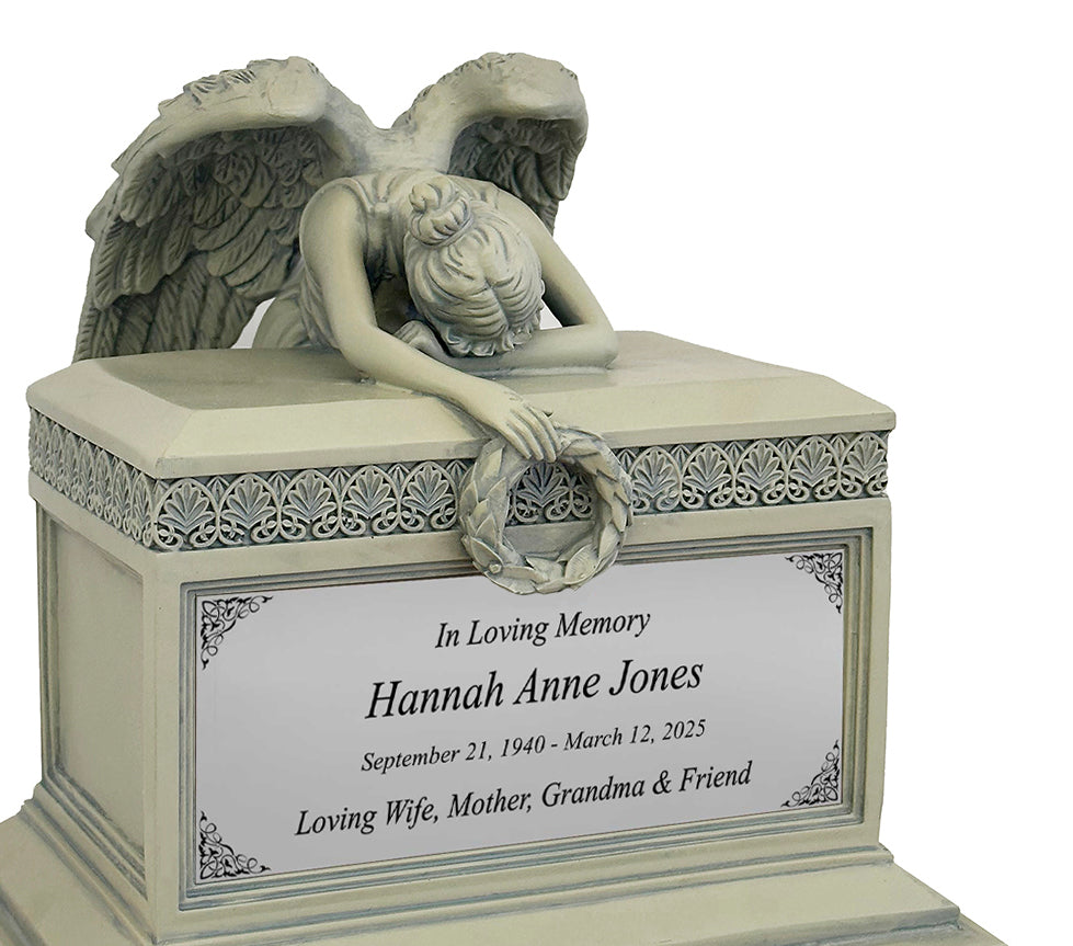 Weeping Angel Patina Adult Cremation Urn - Custom Plate and Wings - Beautiful Mourning Angel