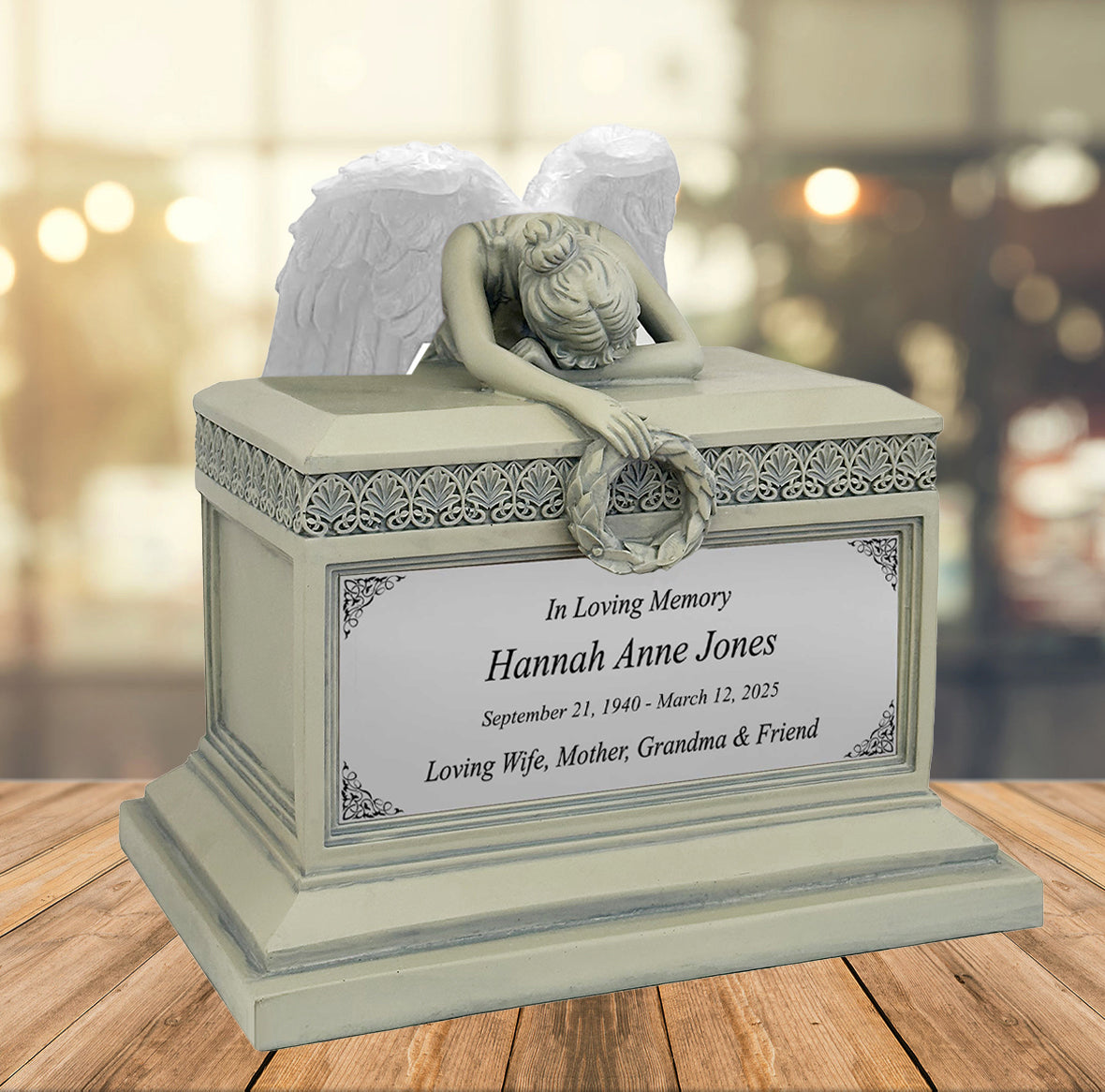 Weeping Angel Patina Adult Cremation Urn - Custom Plate and Wings - Beautiful Mourning Angel