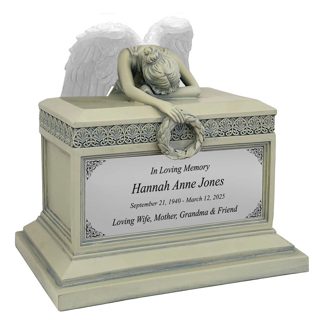 Weeping Angel Patina Adult Cremation Urn - Custom Plate and Wings - Beautiful Mourning Angel