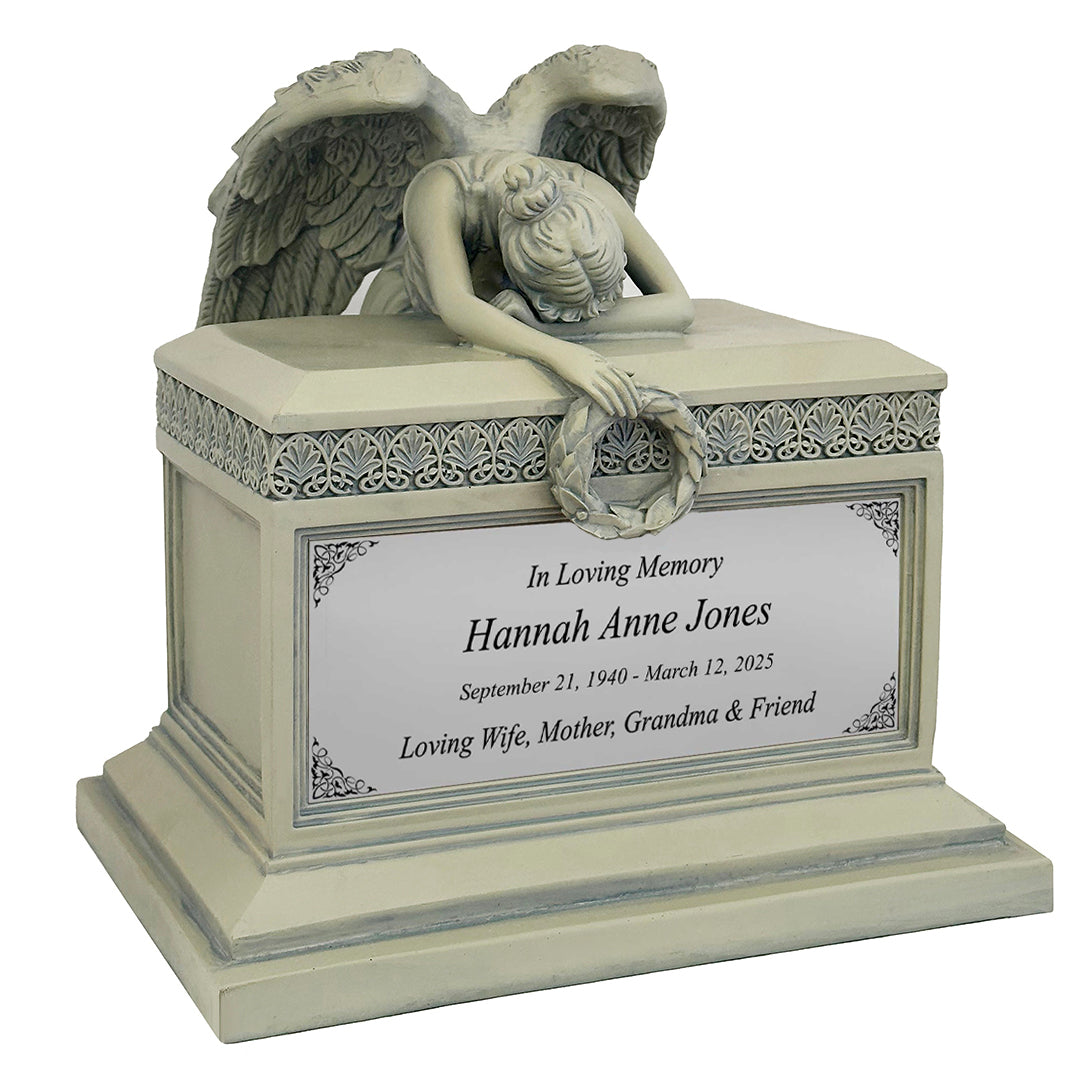 Weeping Angel Patina Adult Cremation Urn - Custom Plate and Wings - Beautiful Mourning Angel