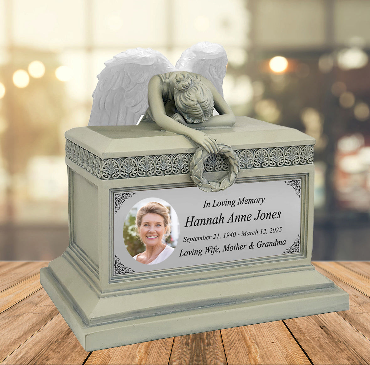Weeping Angel Photo Patina Adult Cremation Urn - Custom Wings & Silver Engraving - Beautiful Mourning Angel