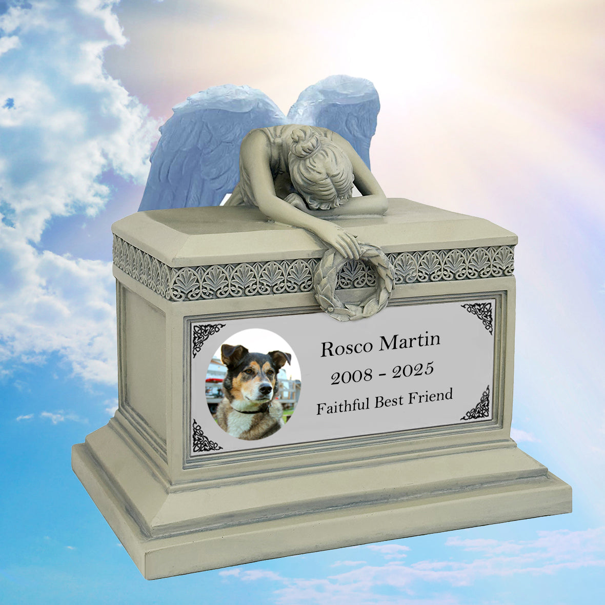 Weeping Angel Photo Pet Patina Cremation Urn - Custom Wings & Silver Plate Engraving - Beautiful Mourning Angel
