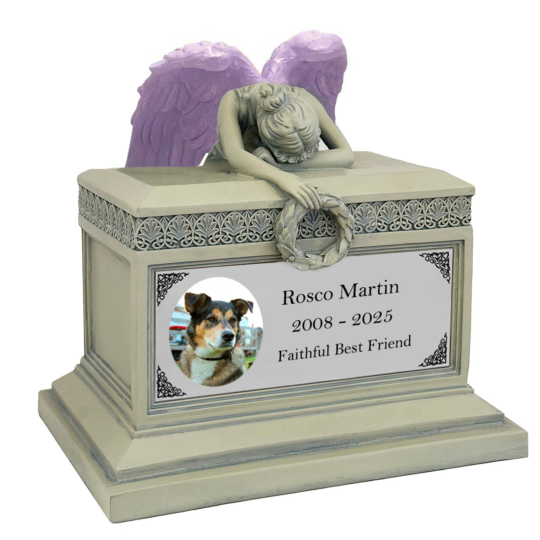 Weeping Angel Photo Pet Patina Cremation Urn - Custom Wings & Silver Plate Engraving - Beautiful Mourning Angel