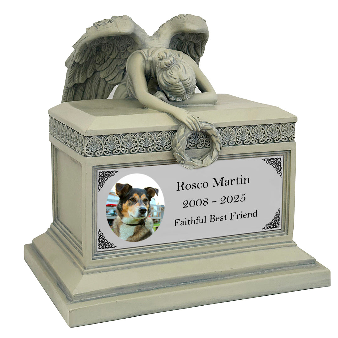 Weeping Angel Photo Pet Patina Cremation Urn - Custom Wings & Silver Plate Engraving - Beautiful Mourning Angel