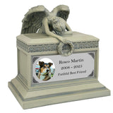 Weeping Angel Photo Pet Patina Cremation Urn - Custom Wings & Silver Plate Engraving - Beautiful Mourning Angel