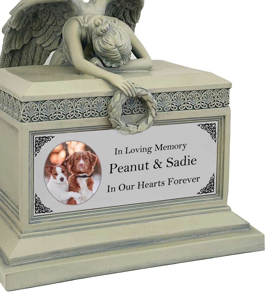 Weeping Angel Photo Pet Patina Cremation Urn - Custom Wings & Silver Plate Engraving - Beautiful Mourning Angel