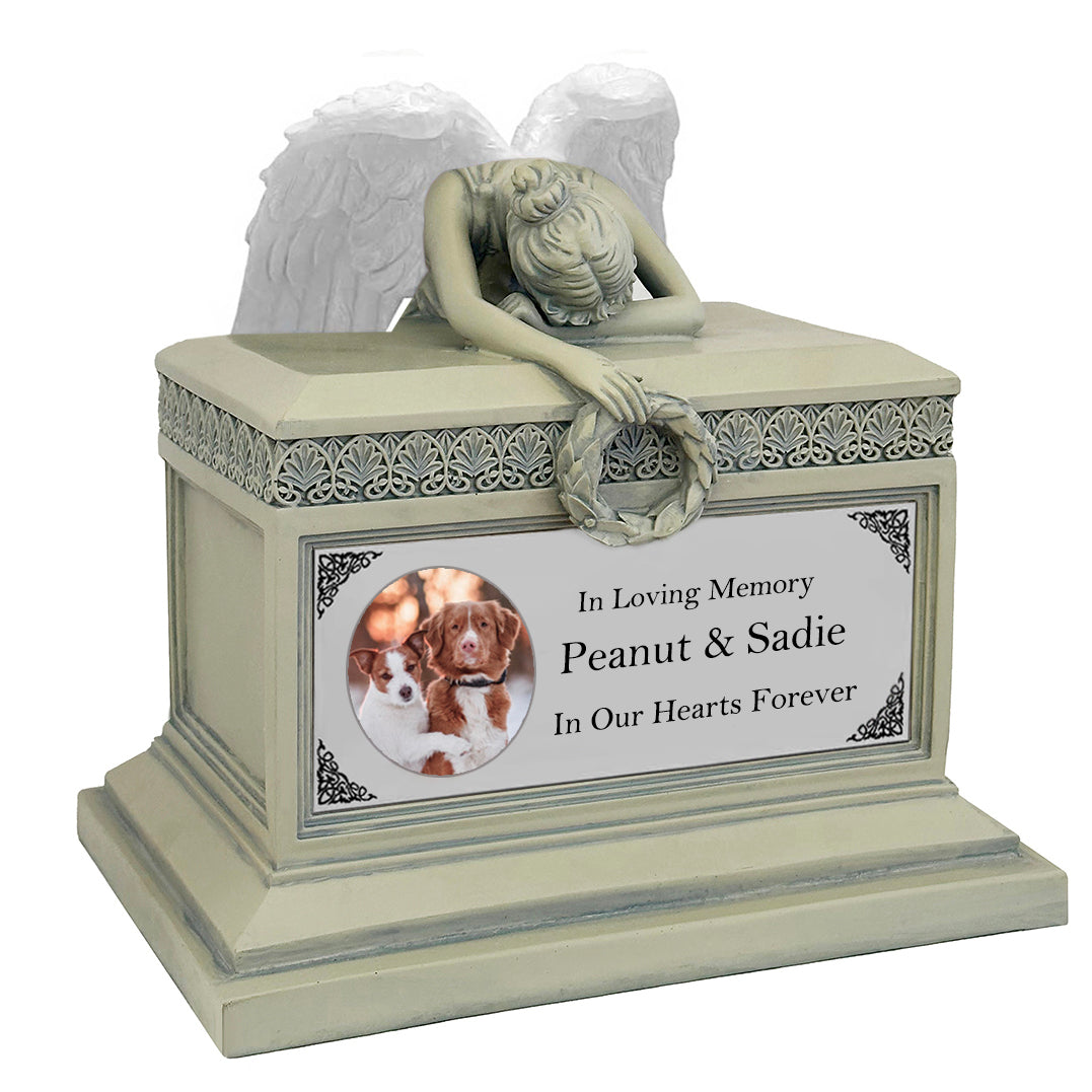 Weeping Angel Photo Pet Patina  Cremation Urn - Custom Wings & Silver Engraving - Beautiful Mourning Angel