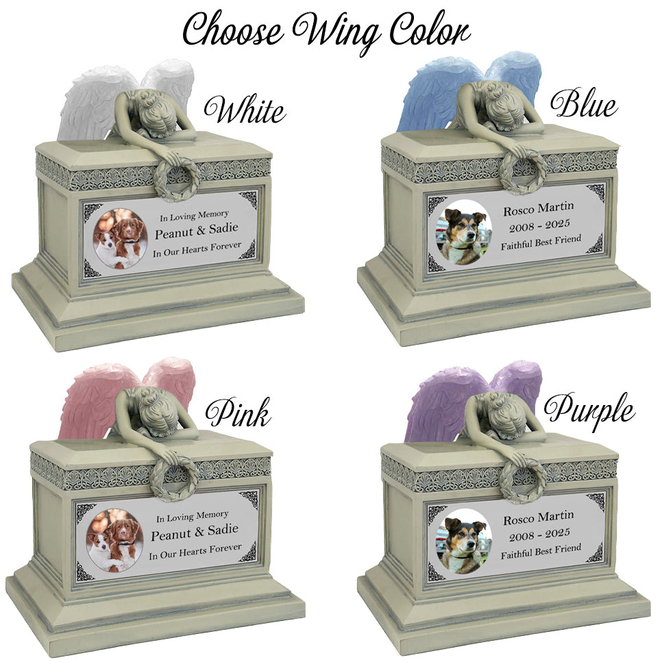 Weeping Angel Photo Pet Patina Cremation Urn - Custom Wings & Silver Plate Engraving - Beautiful Mourning Angel