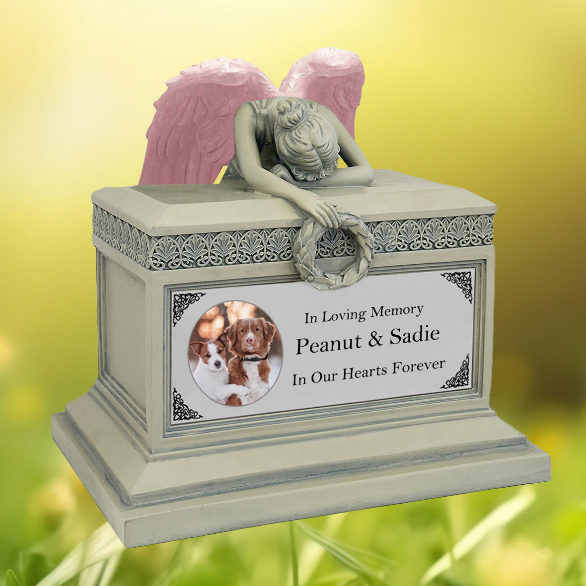 Weeping Angel Photo Pet Patina Cremation Urn - Custom Wings & Silver Plate Engraving - Beautiful Mourning Angel