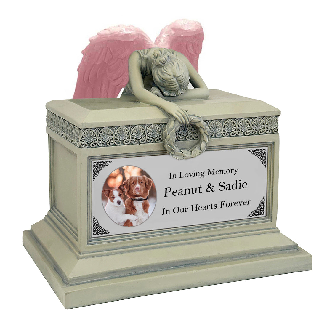 Weeping Angel Photo Pet Patina Cremation Urn - Custom Wings & Silver Plate Engraving - Beautiful Mourning Angel