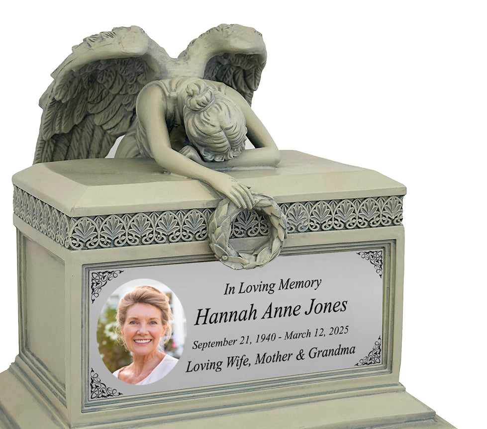 Weeping Angel Photo Patina Adult Cremation Urn - Custom Wings & Silver Engraving - Beautiful Mourning Angel