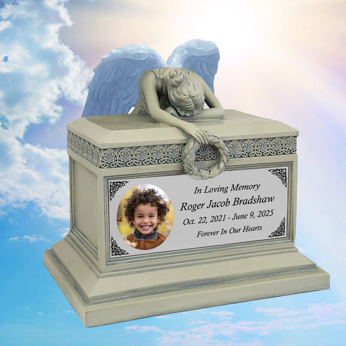 Weeping Angel Photo Patina Child Cremation Urn - Custom Wings & Silver Engraving - Beautiful Mourning Angel