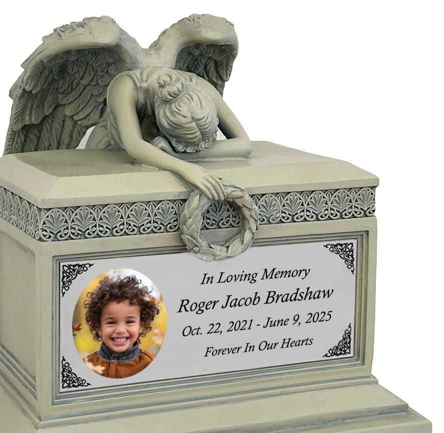 Weeping Angel Photo Patina Child Cremation Urn - Custom Wings & Silver Engraving - Beautiful Mourning Angel