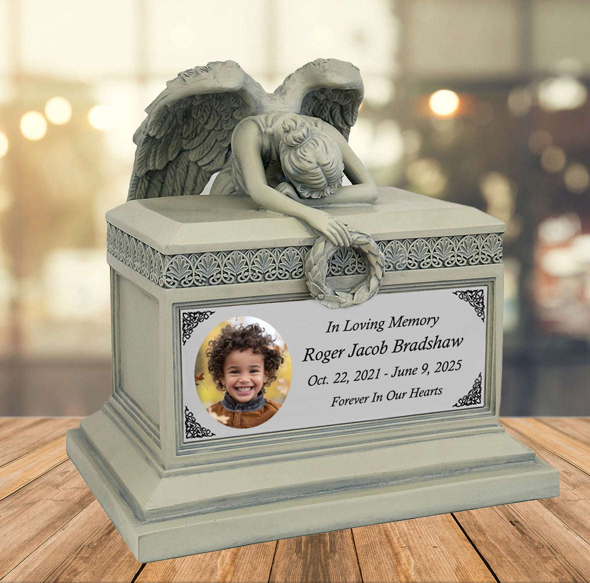 Weeping Angel Photo Patina Child Cremation Urn - Custom Wings & Silver Engraving - Beautiful Mourning Angel