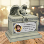 Weeping Angel Photo Patina Child Cremation Urn - Custom Wings & Silver Engraving - Beautiful Mourning Angel