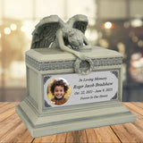 Weeping Angel Photo Patina Child Cremation Urn - Custom Wings & Silver Engraving - Beautiful Mourning Angel