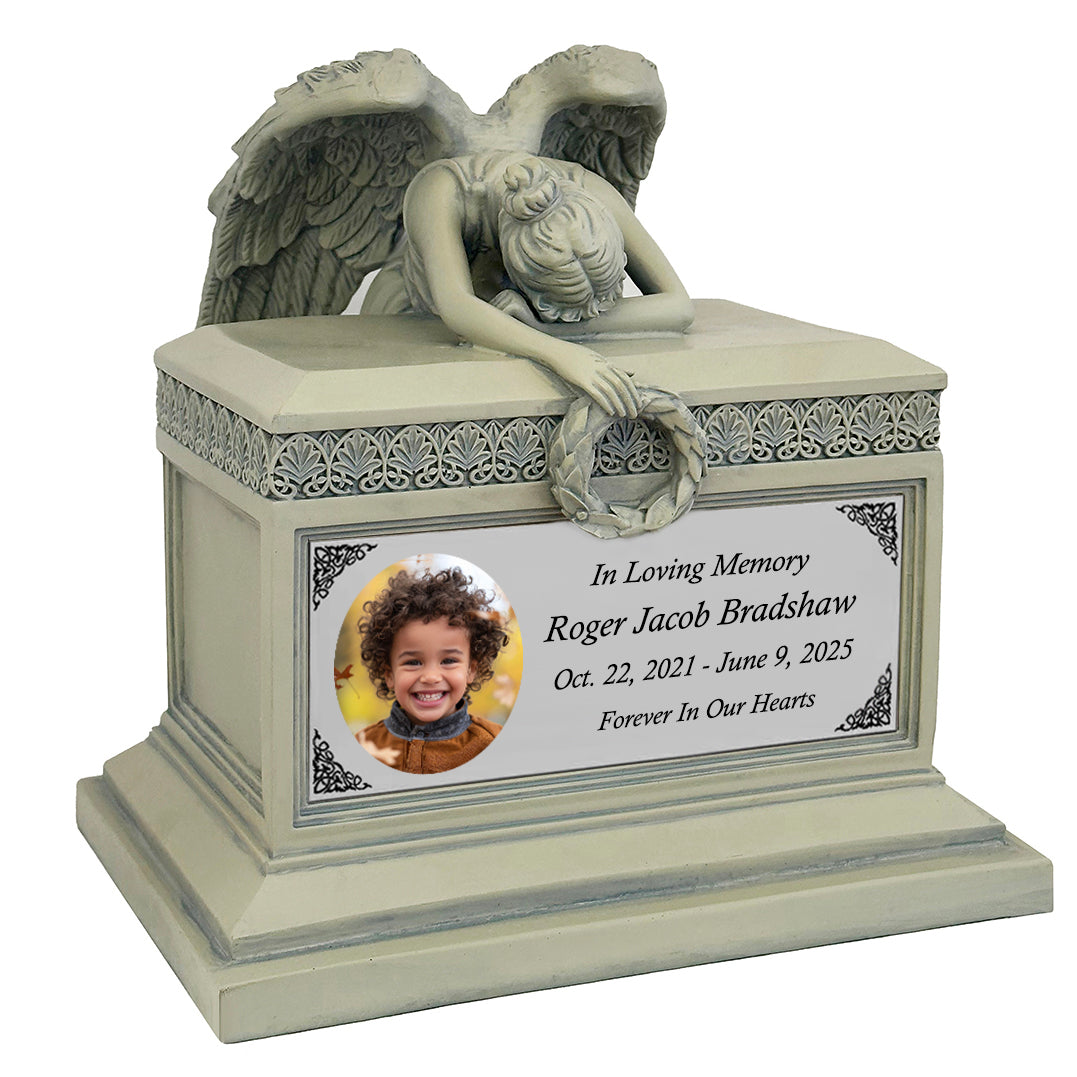Weeping Angel Photo Patina Child Cremation Urn - Custom Wings & Silver Engraving - Beautiful Mourning Angel