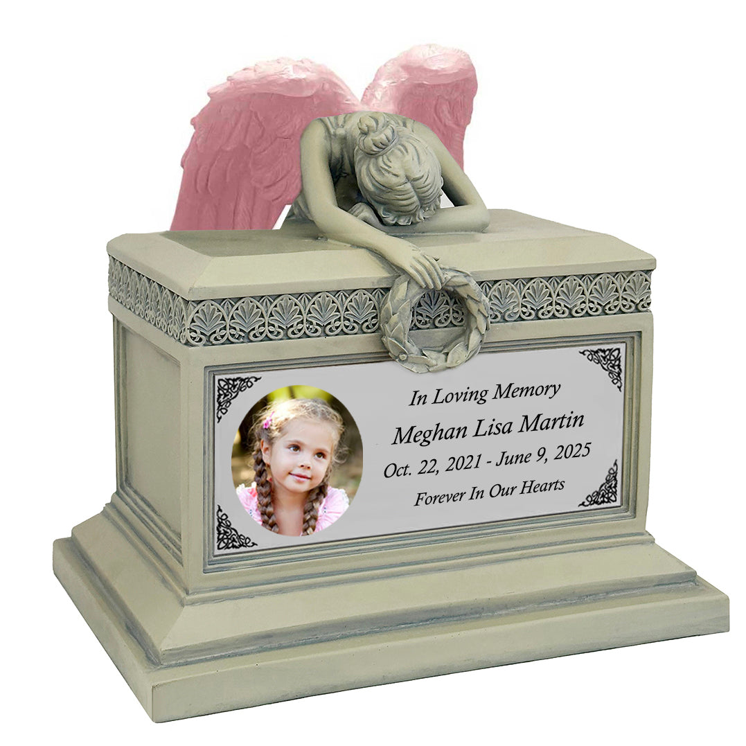 Weeping Angel Photo Patina Child Cremation Urn - Custom Wings & Silver Engraving - Beautiful Mourning Angel