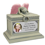 Weeping Angel Photo Patina Child Cremation Urn - Custom Wings & Silver Engraving - Beautiful Mourning Angel