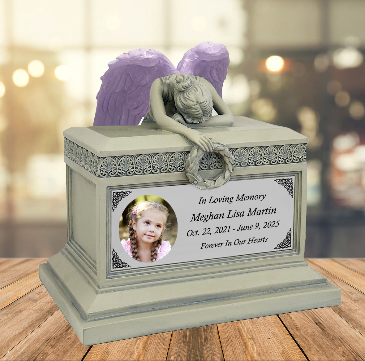 Weeping Angel Photo Patina Child Cremation Urn - Custom Wings & Silver Engraving - Beautiful Mourning Angel