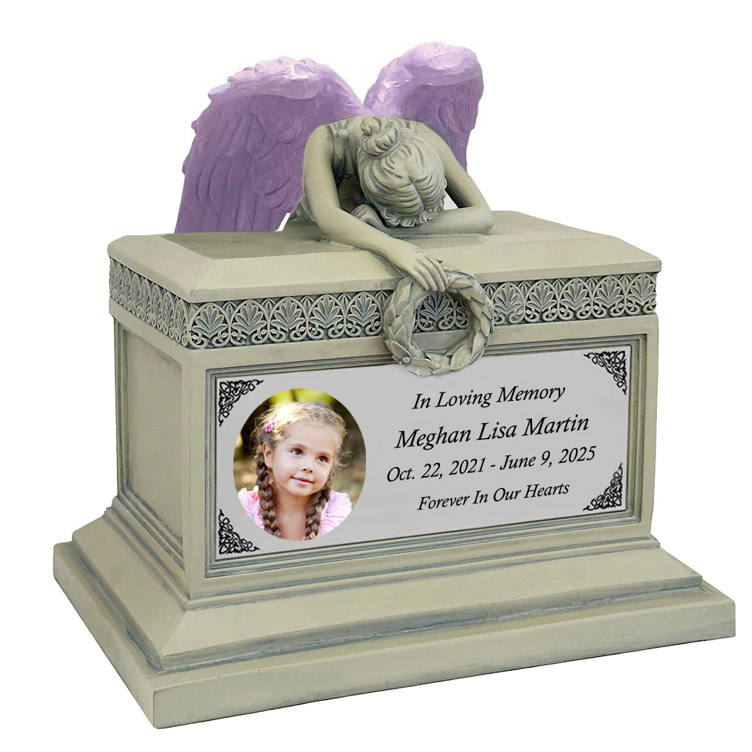 Weeping Angel Photo Patina Child Cremation Urn - Custom Wings & Silver Engraving - Beautiful Mourning Angel