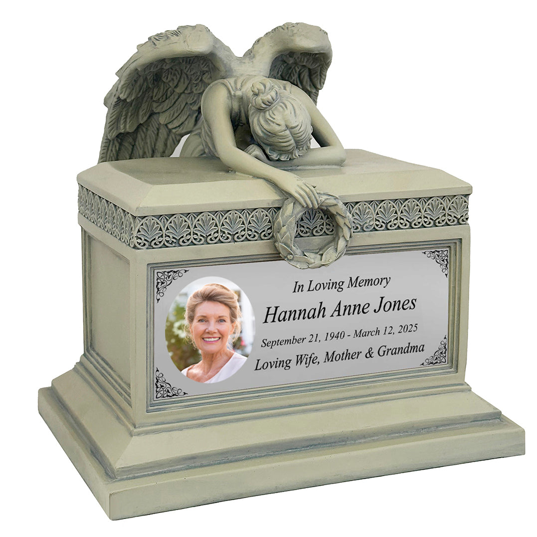 Weeping Angel Photo Patina Adult Cremation Urn - Custom Wings & Silver Engraving - Beautiful Mourning Angel