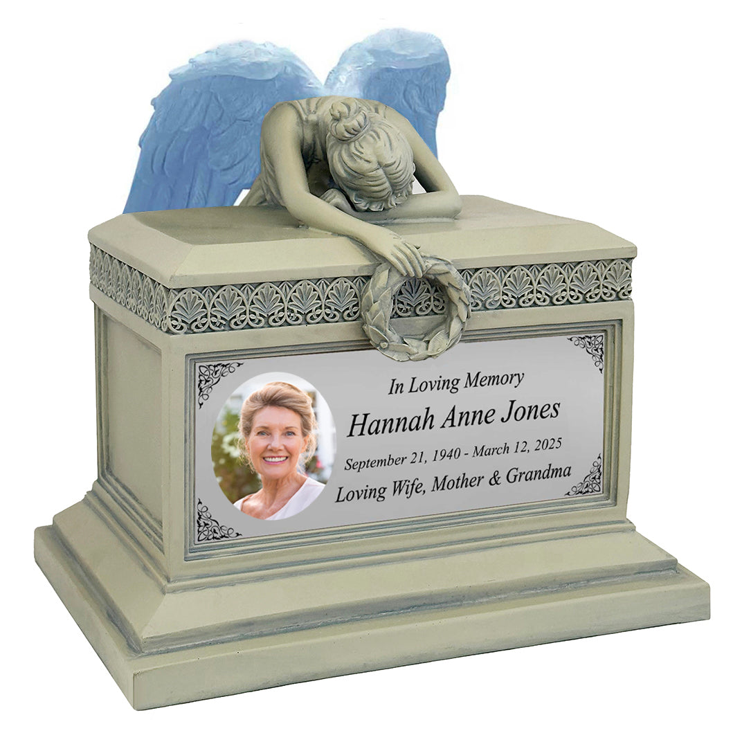 Weeping Angel Photo Patina Adult Cremation Urn - Custom Wings & Silver Engraving - Beautiful Mourning Angel
