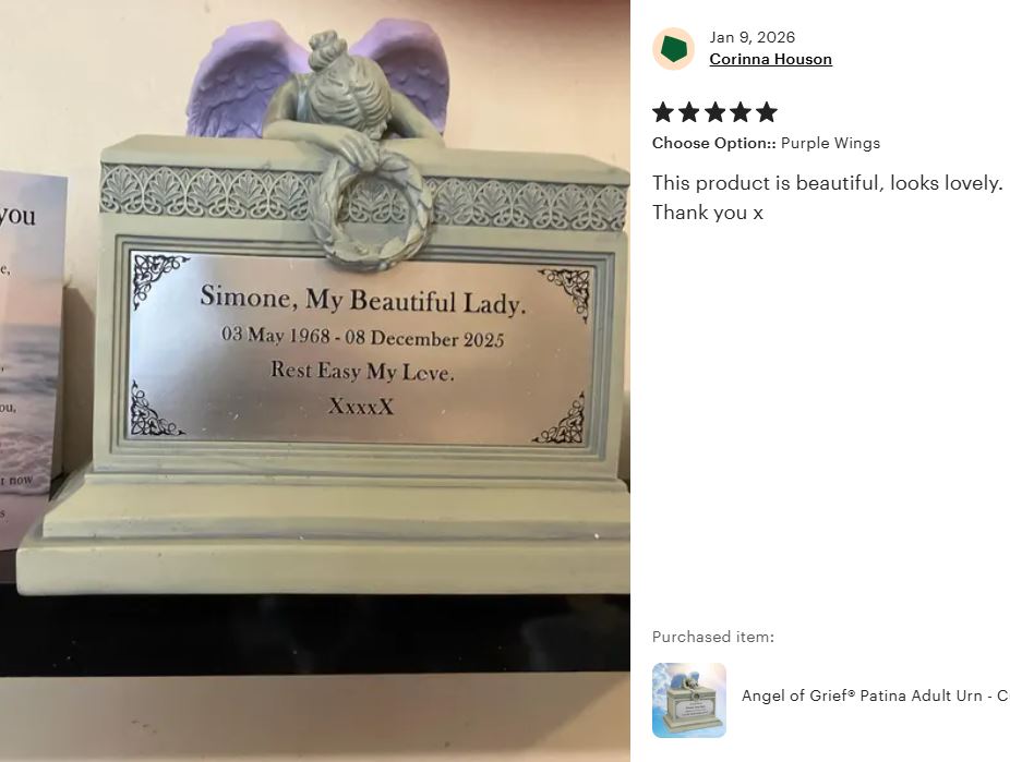 Weeping Angel Patina Adult Cremation Urn - Custom Plate and Wings - Beautiful Mourning Angel