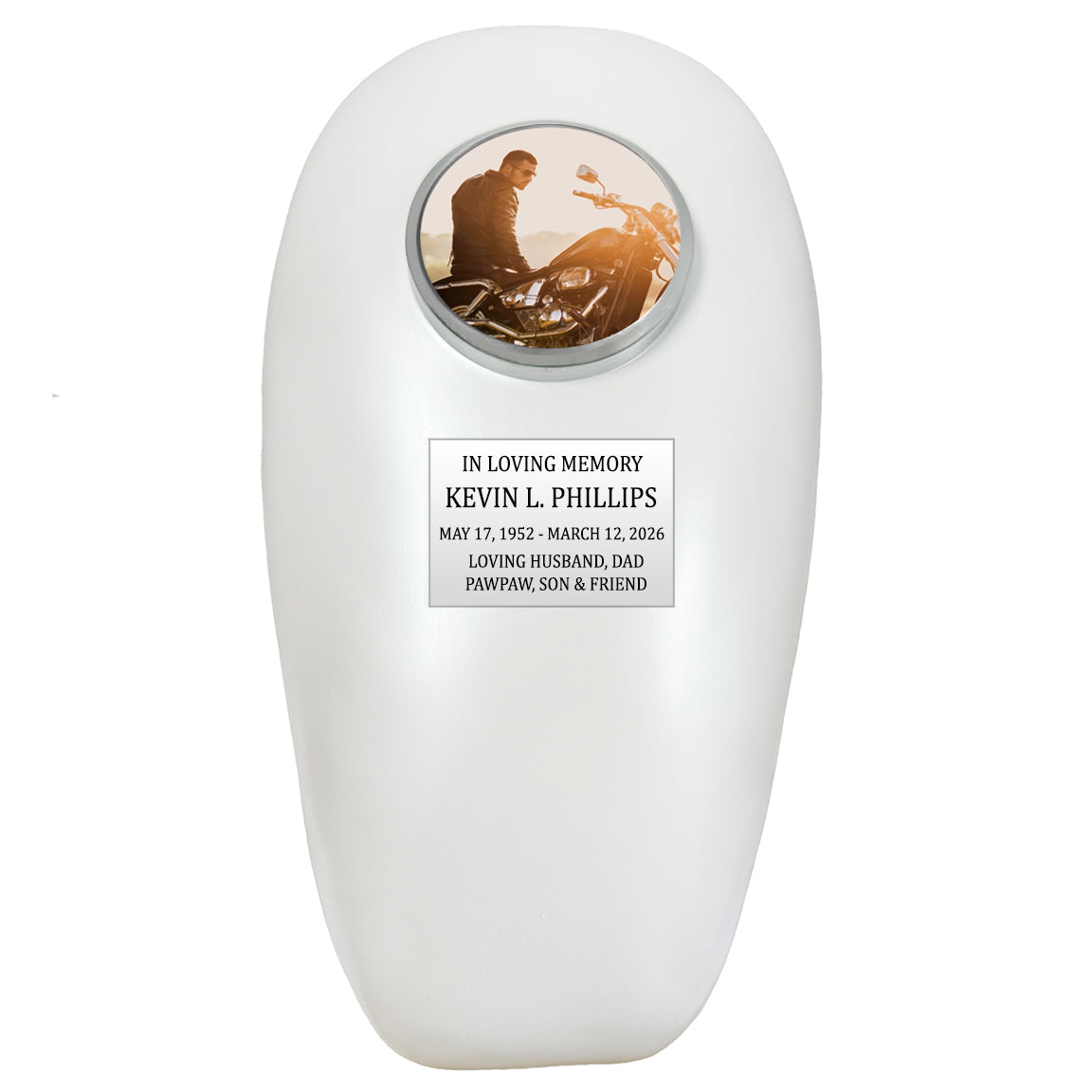 Pearl Motorcycle Gas Tank Large Adult Cremation Urn - Free Plate & Photo Option