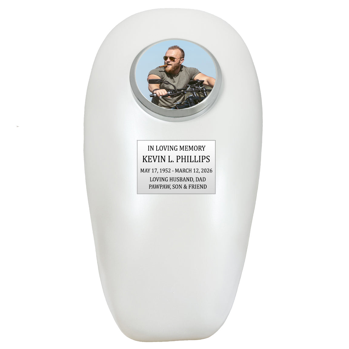 Pearl Motorcycle Gas Tank Large Adult Cremation Urn - Free Plate & Photo Option
