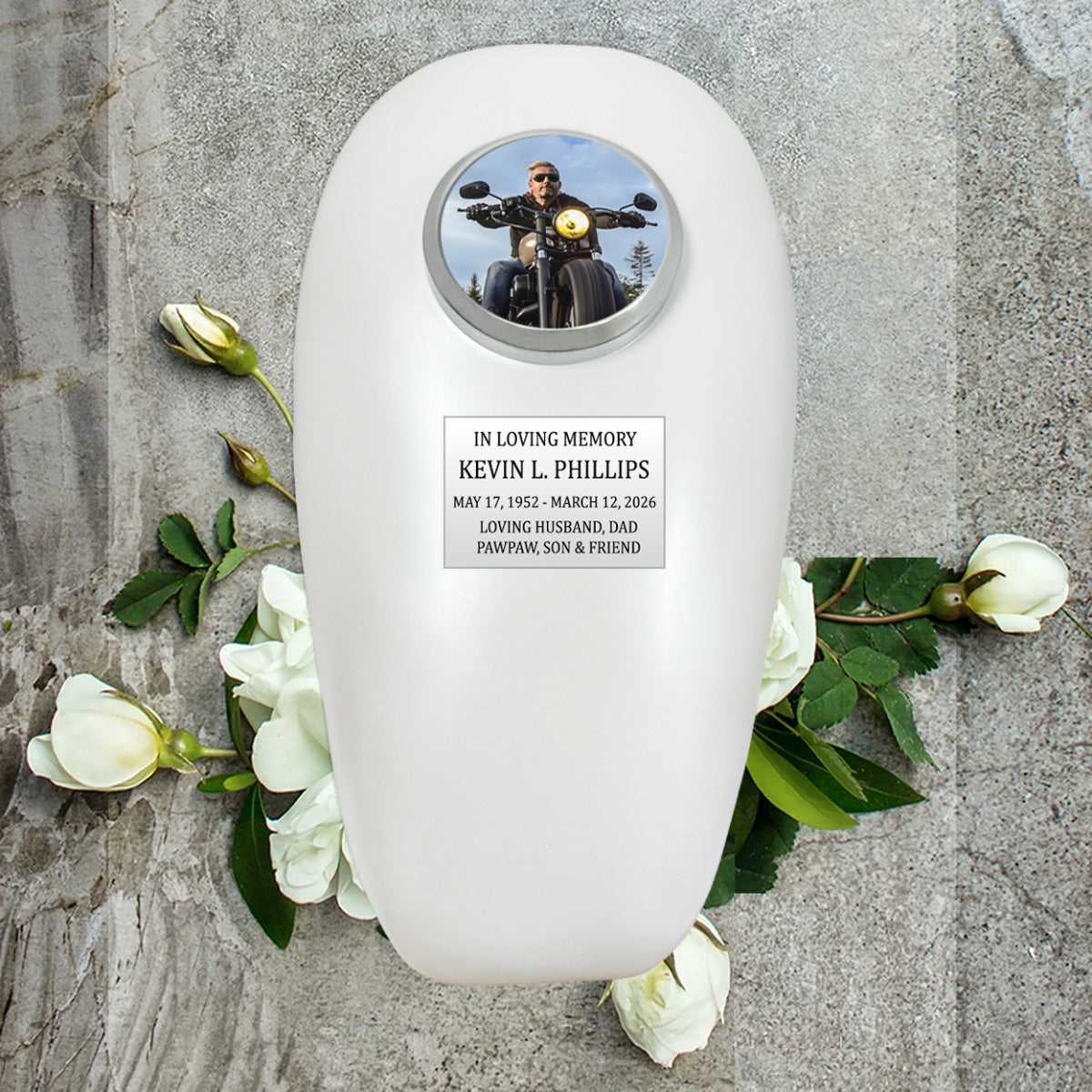 Pearl Motorcycle Gas Tank Large Adult Cremation Urn - Free Plate & Photo Option