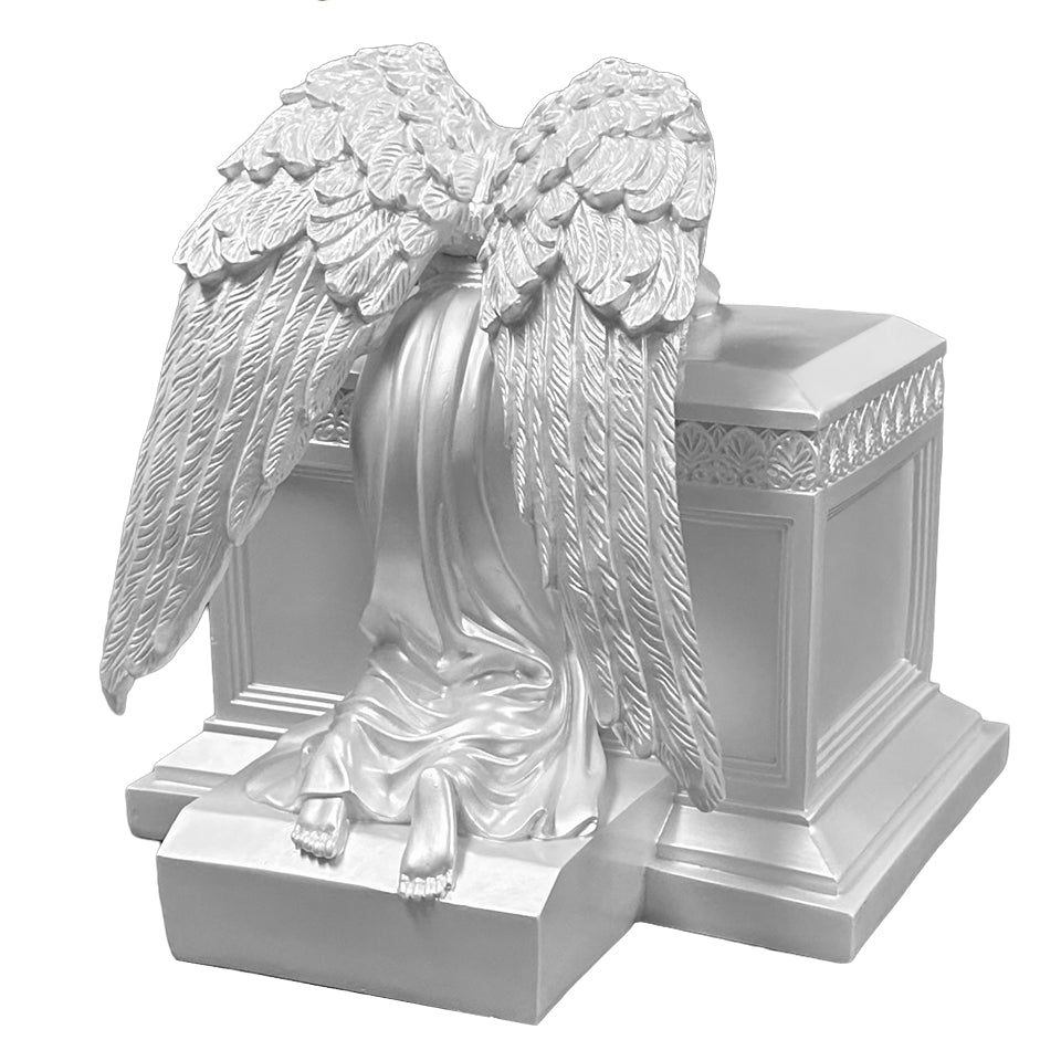 Weeping Angel Photo Pearl White Adult Cremation Urn - Custom Plate and Wings - Beautiful Mourning Angel
