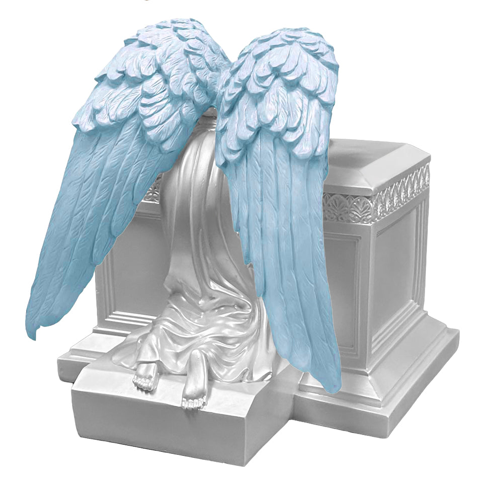Weeping Angel Pearl White Photo Child Cremation Urn - Custom Wings & Plate Engraving - Beautiful Mourning Angel