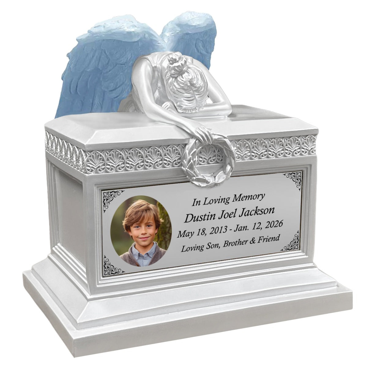 Weeping Angel Pearl White Photo  Child Cremation Urn - Custom Wings & Plate Engraving - Beautiful Mourning Angel